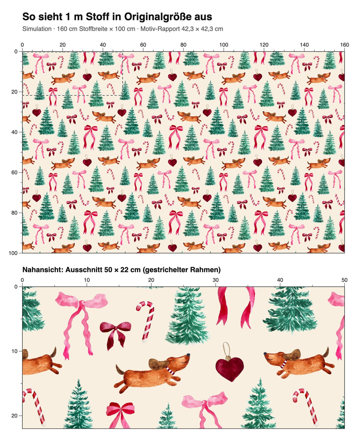 Simulation: 1 m Stoff in Originalgröße – christmas dachshund #beige