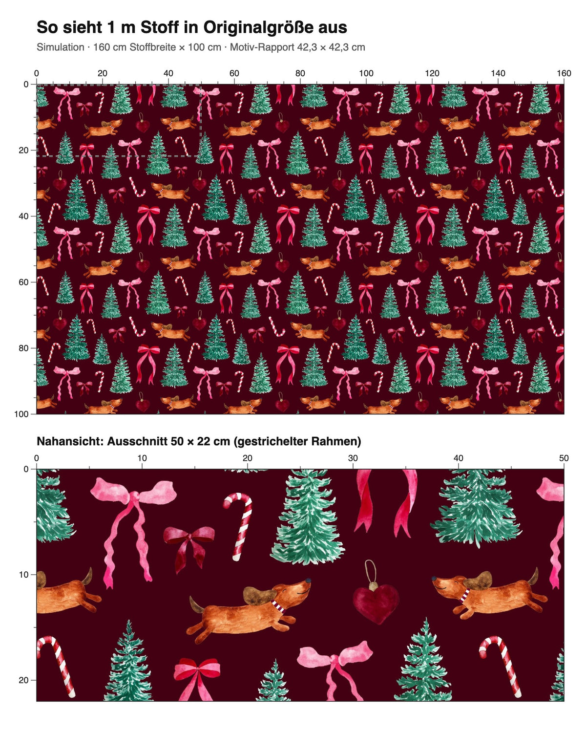 Simulation: 1 m Stoff in Originalgröße – christmas dachshund #bordeaux