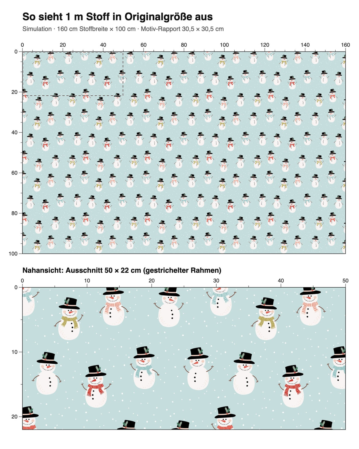 Simulation: 1 m Stoff in Originalgröße – playful snowmen #blue