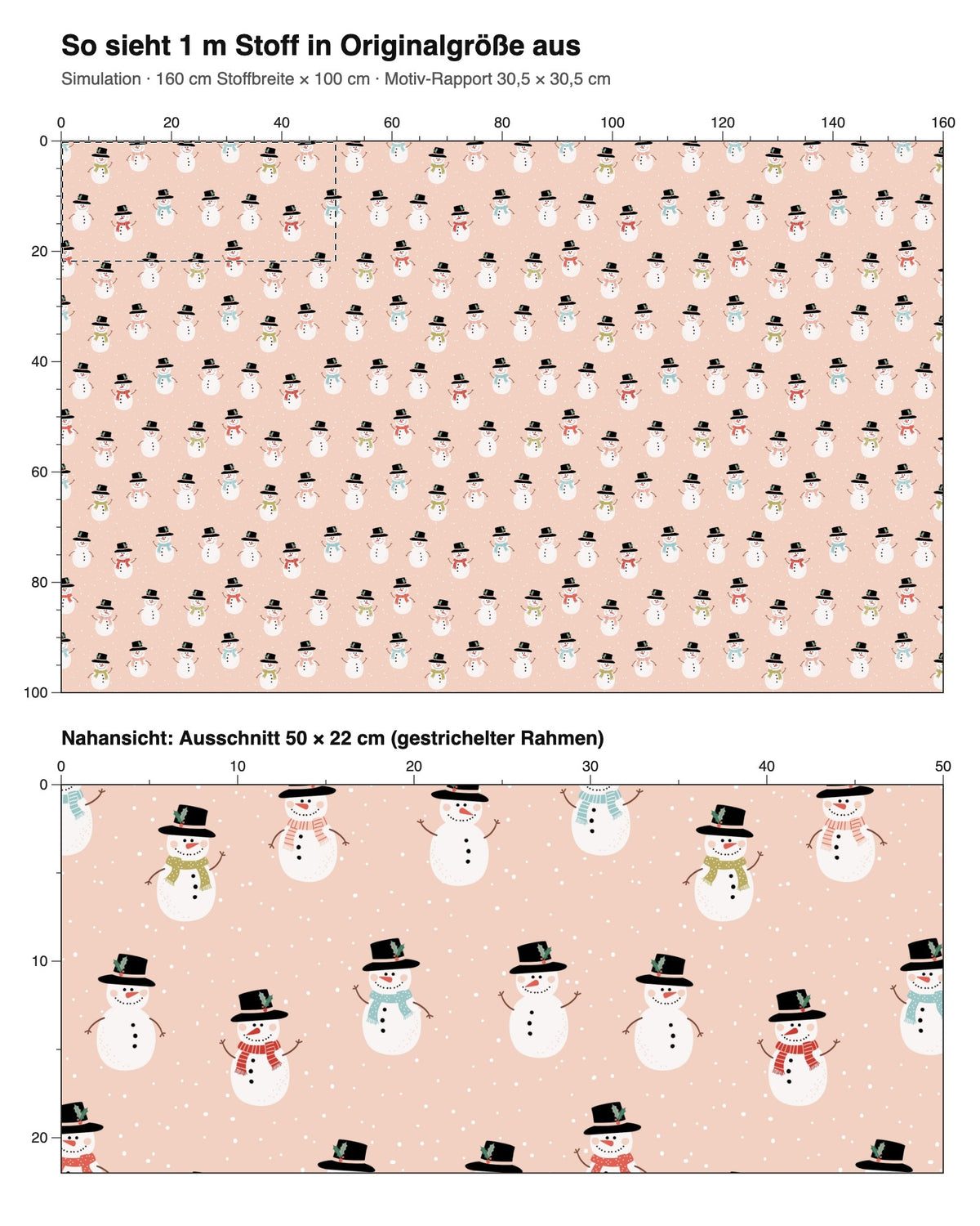 Simulation: 1 m Stoff in Originalgröße – playful snowmen #pink