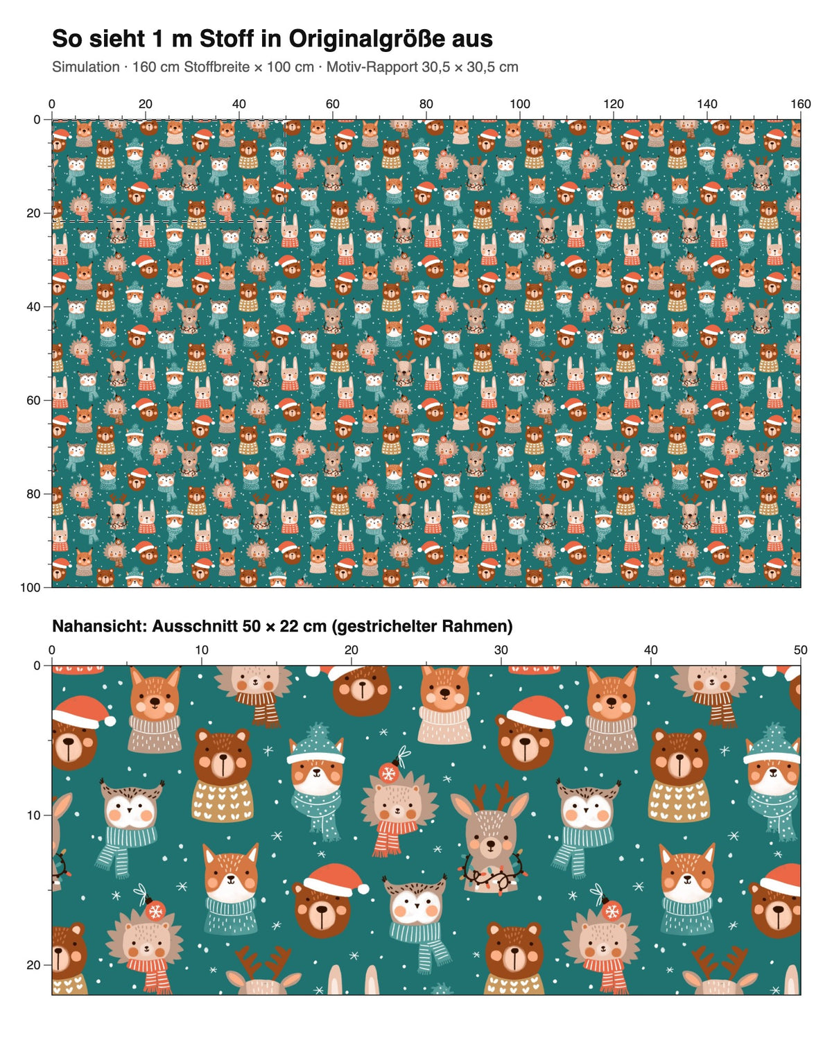 Simulation: 1 m Stoff in Originalgröße – festive animals #teal