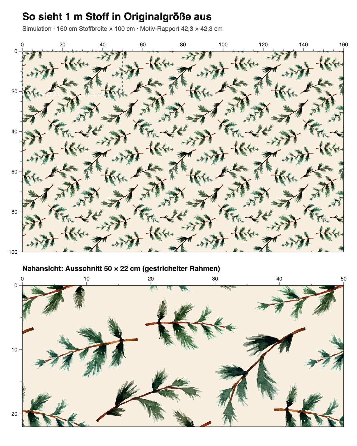 Simulation: 1 m Stoff in Originalgröße – fir branches