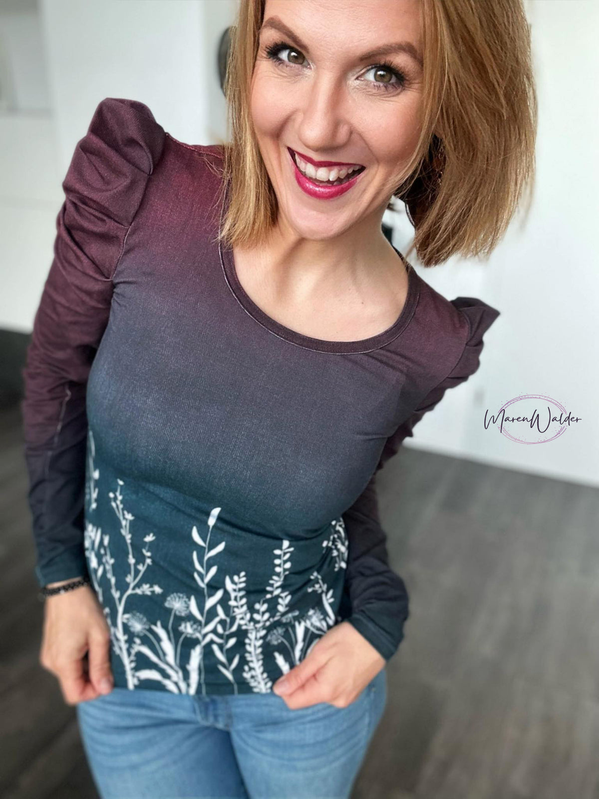 Bio-Sommer-Sweat-Stoff angeraut "Wildflower jeans #berry moonlight" (1 Panel, ca. 1,50m)