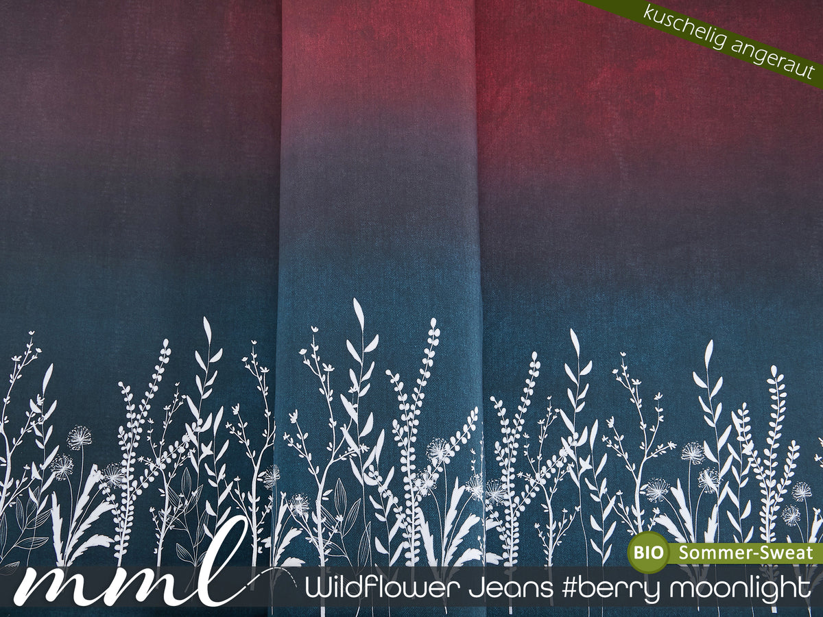 Bio-Sommer-Sweat-Stoff angeraut "Wildflower jeans #berry moonlight" (1 Panel, ca. 1,50m)
