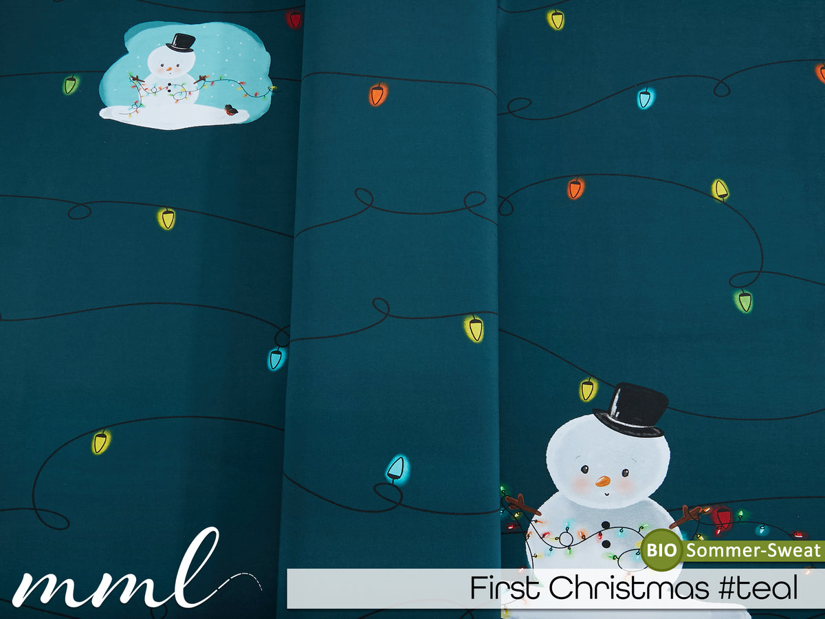 Bio-Sommer-Sweat-Stoff "First Christmas #teal" (1 Panel, ca. 1,00m)