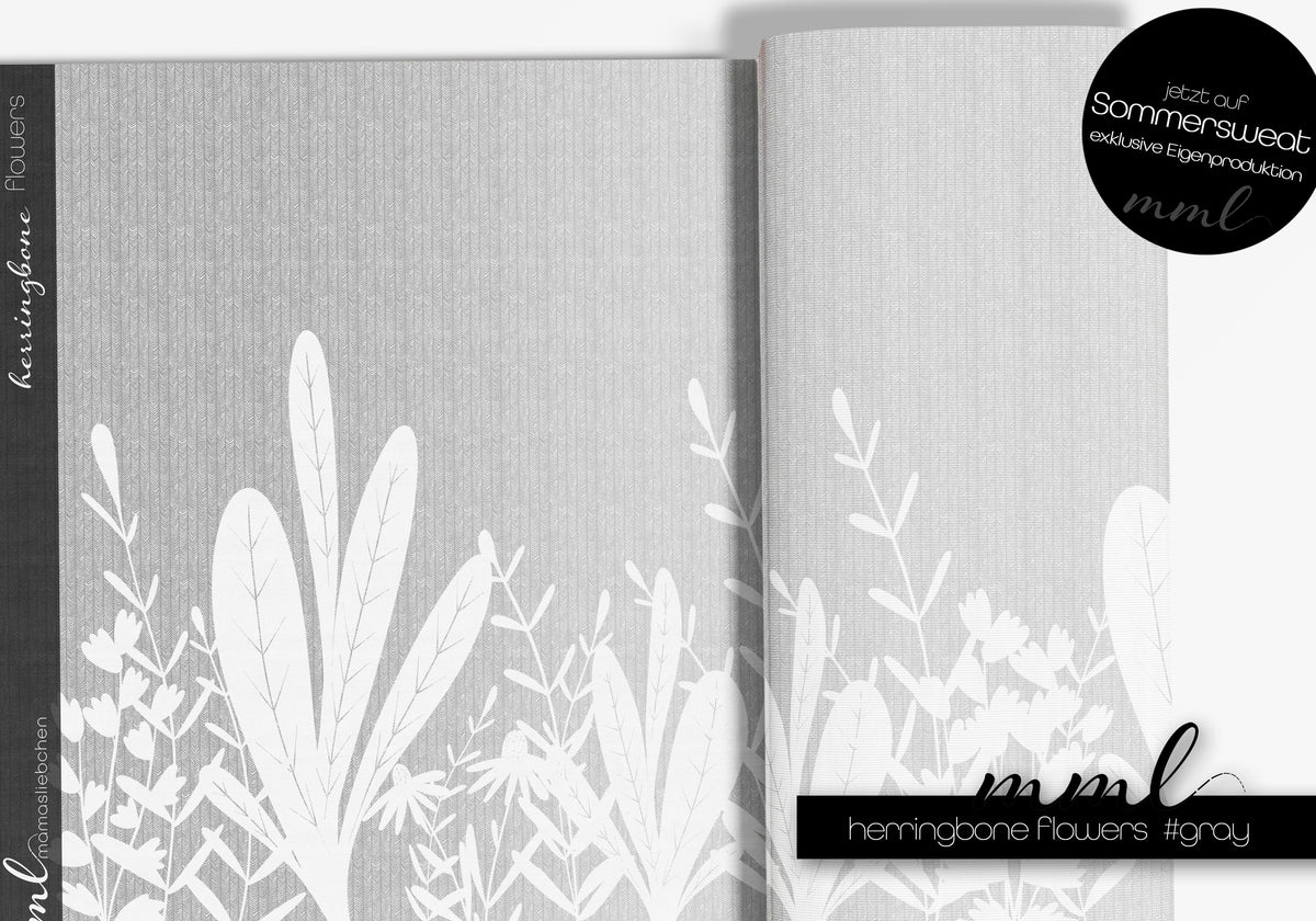 Bio-Sommer-Sweat-Stoff "herringbone flowers #gray" (1 Panel, ca. 1,20m)