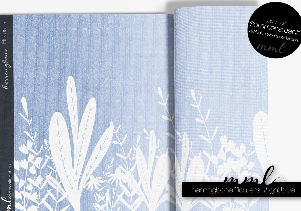 Bio-Sommer-Sweat-Stoff "herringbone flowers #lightblue" (1 Panel, ca. 1,20m)