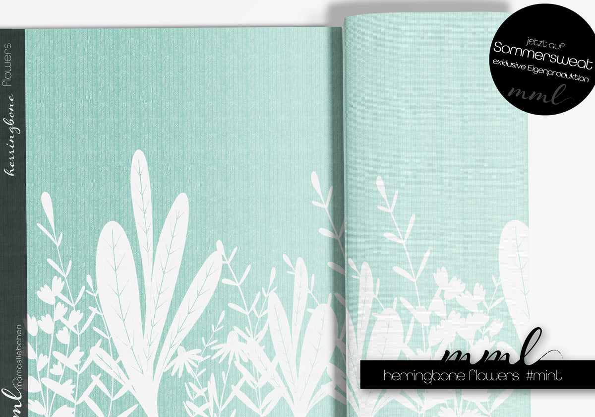 Bio-Sommer-Sweat-Stoff "herringbone flowers #mint" (1 Panel, ca. 1,20m)
