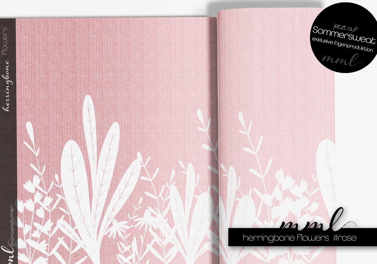 Bio-Sommer-Sweat-Stoff "herringbone flowers #rose" (1 Panel, ca. 1,20m)