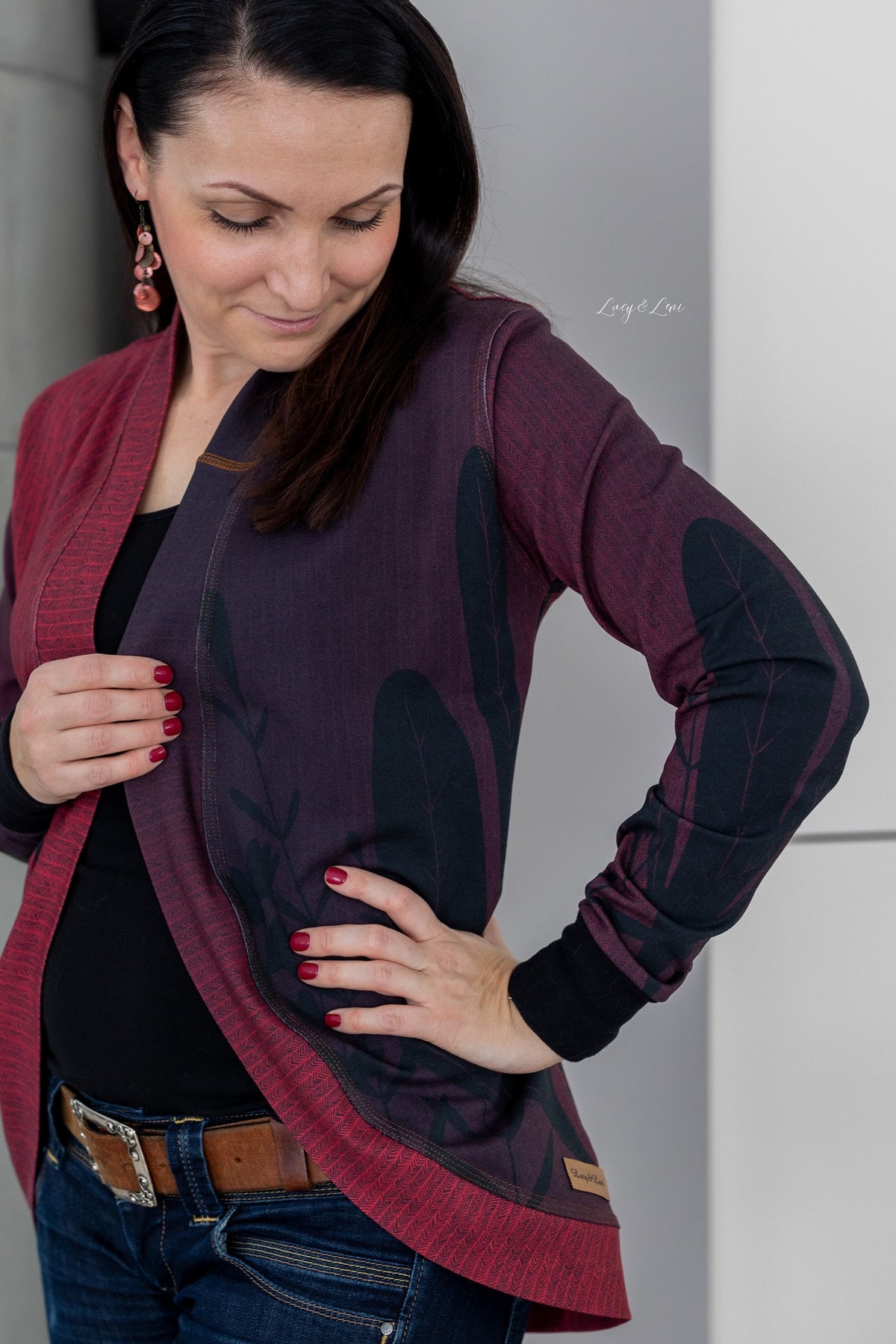 Bio-Sommer-Sweat-Stoff "herringbone flowers #wine" (1 Panel, ca. 1,20m)