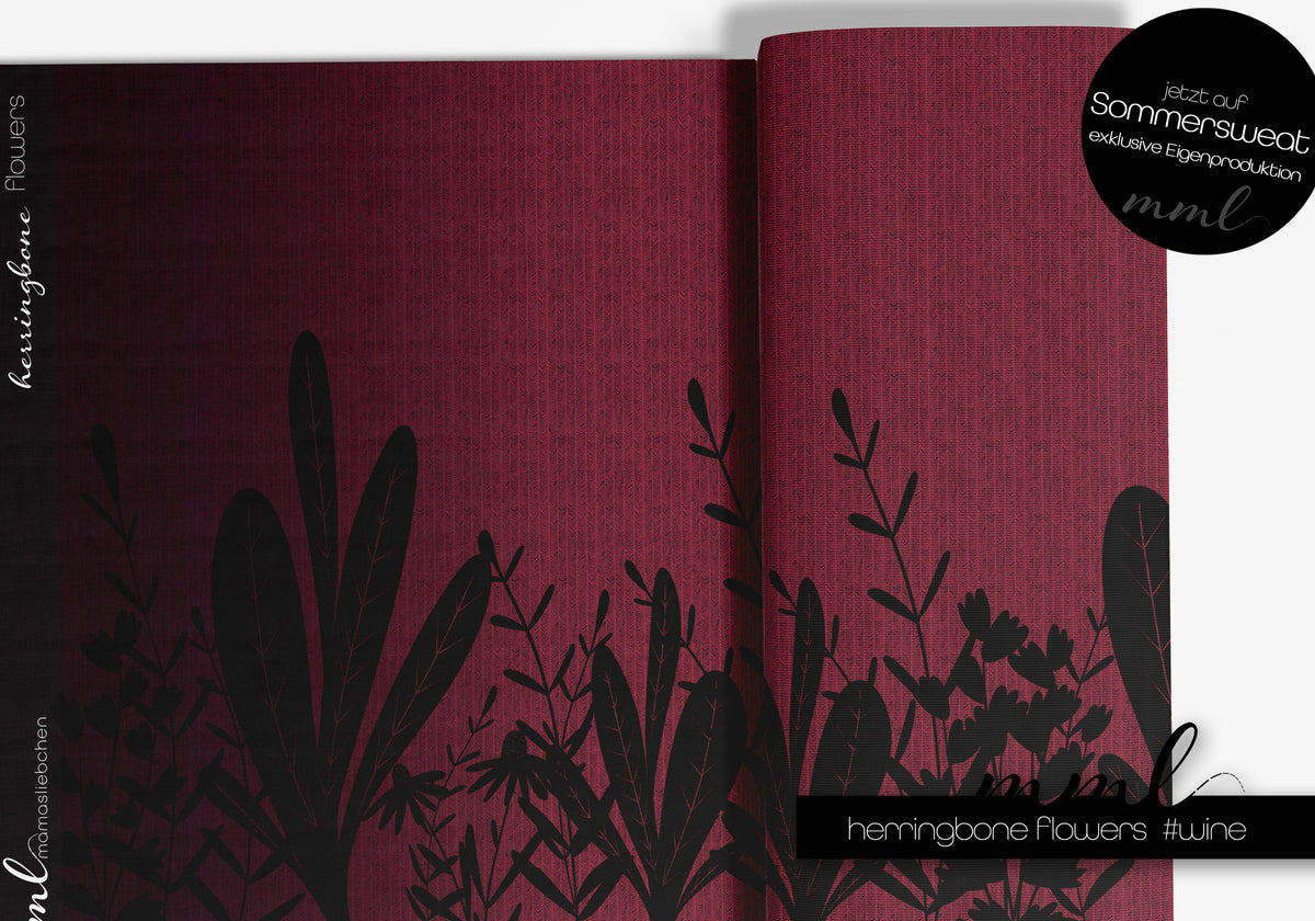 Bio-Sommer-Sweat-Stoff "herringbone flowers #wine" (1 Panel, ca. 1,20m)