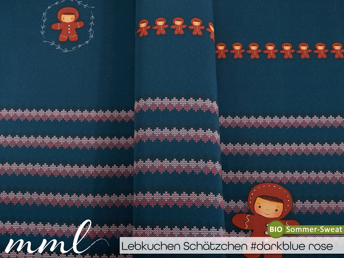 Bio-Sommer-Sweat-Stoff "Lebkuchen Schätzchen #darkblue rose" (1 Panel, ca. 1,00m)