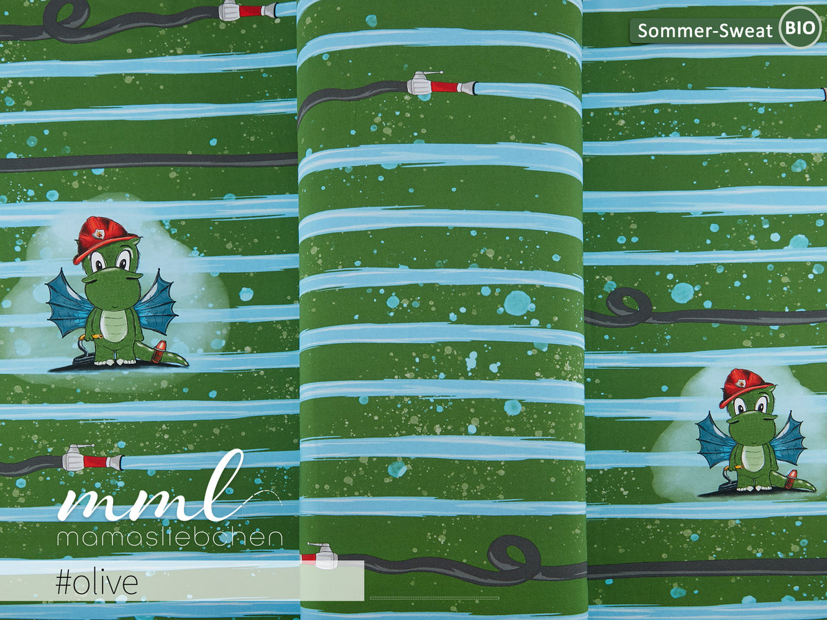 Bio-Sommer-Sweat-Stoff "Tatüt`Arvetti #olive" (1 Panel, ca. 0,65m)