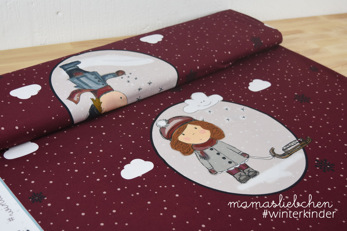 Jersey-Stoff "Winterkinder #bordeaux" (1 Paneel, ca. 50 cm)