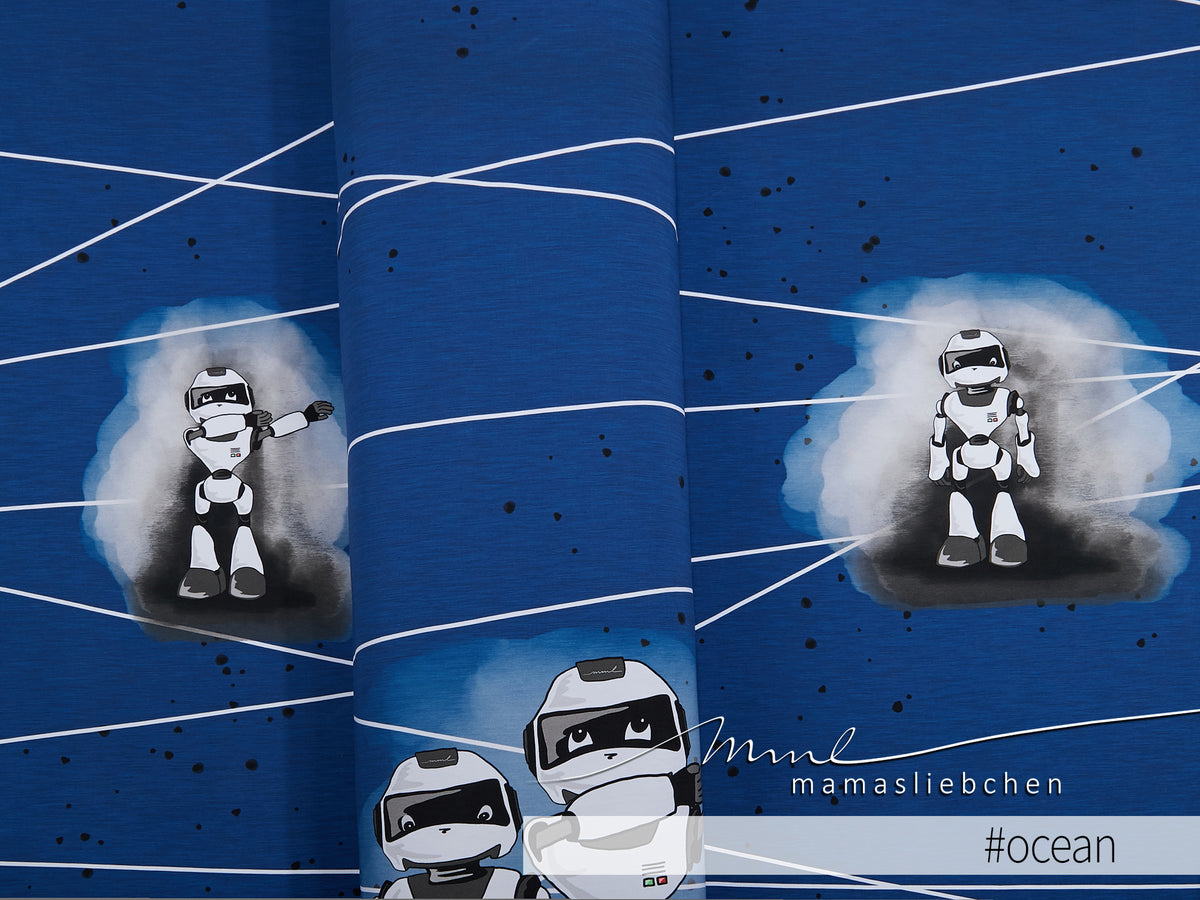 Jersey-Stoff "B´Roboter #ocean" (1 Panel, ca 0,70m)
