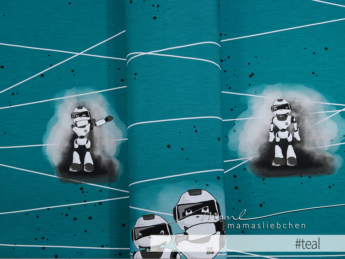 Jersey-Stoff "B´Roboter #teal" (1 Panel, ca 0,70m)