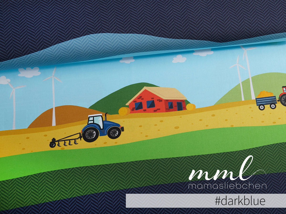 Jersey-Stoff Bauernhof Traktor "Farm Holidays #darkblue" (1Panel/ ca.0,65 m)