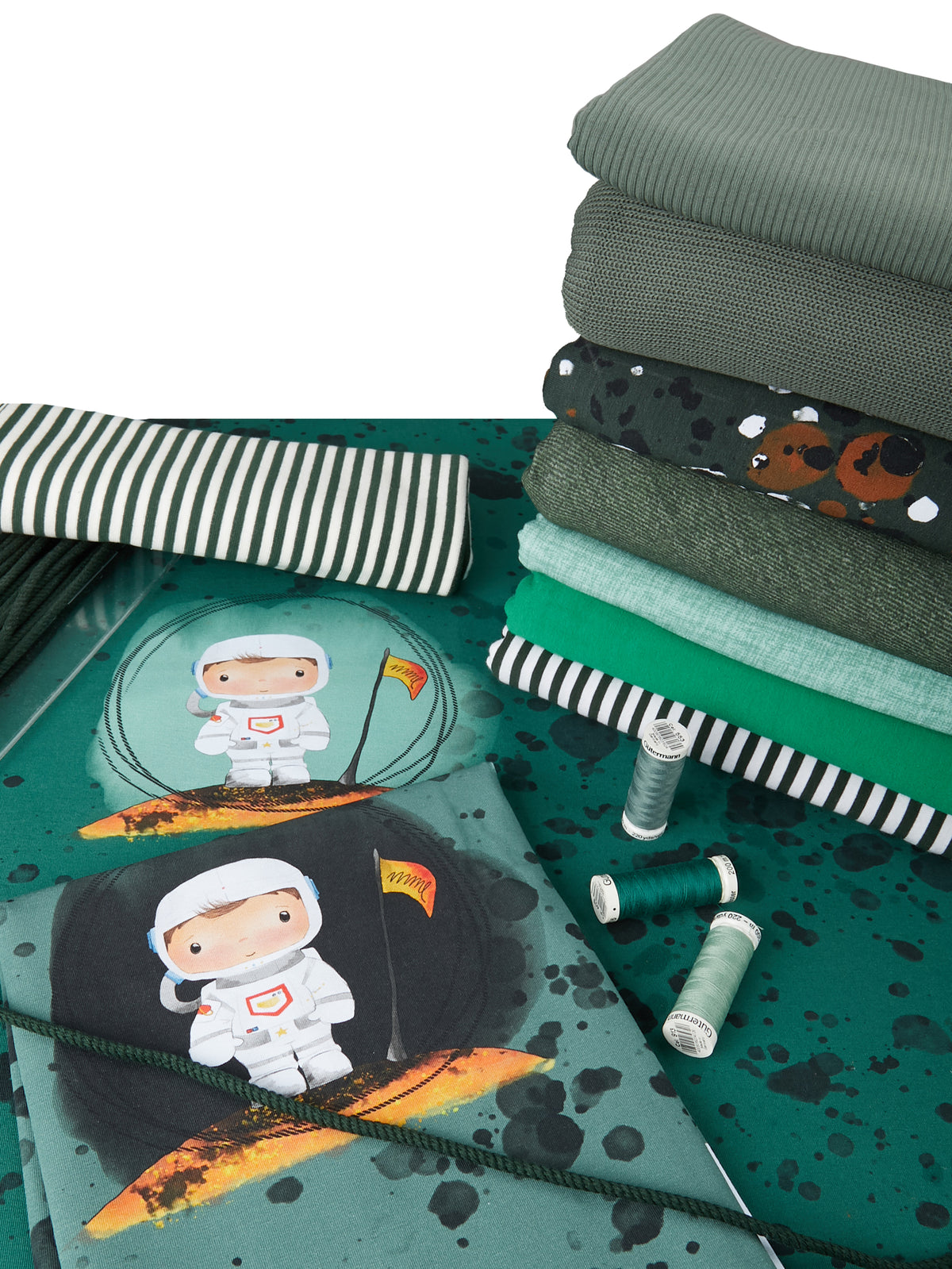 Jersey-Stoff Weltraum Astronaut Rakete "First Step #dark sage" (1Panel/ ca.0,65 m)