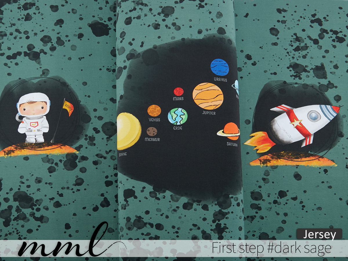Jersey-Stoff Weltraum Astronaut Rakete "First Step #dark sage" (1Panel/ ca.0,65 m)
