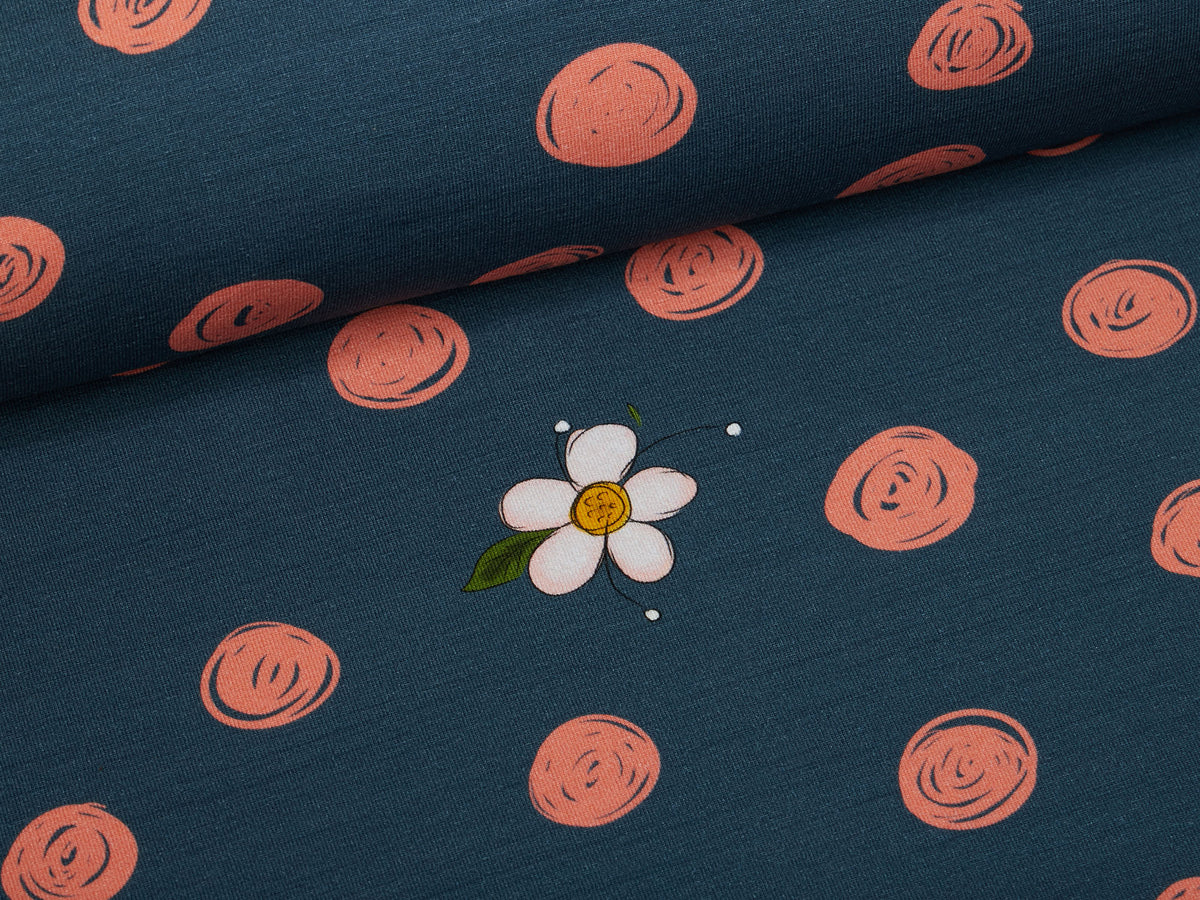 Jersey-Stoff "flower power #jeans-rose" (0,5m)