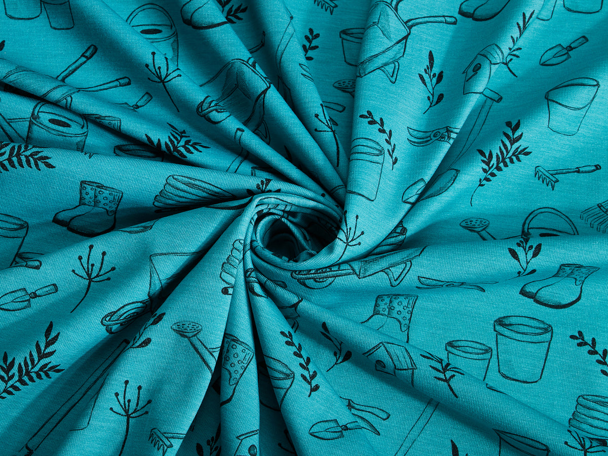 Jersey-Stoff "Gartenliebe #teal-black" (0,25m)