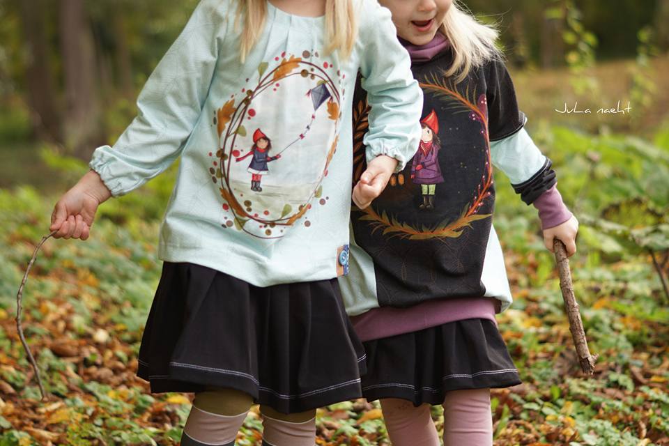 Jersey-Stoff "Herbstkinder #mint-black" (ca. 0,55m - 0,60m / 1 Panel)
