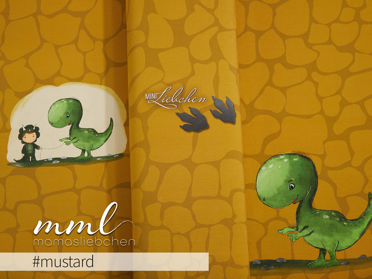 Jersey-Stoff Dino Dinosaurier "Jurassic Joost #mustard" (1Panel/ ca.0,75m)