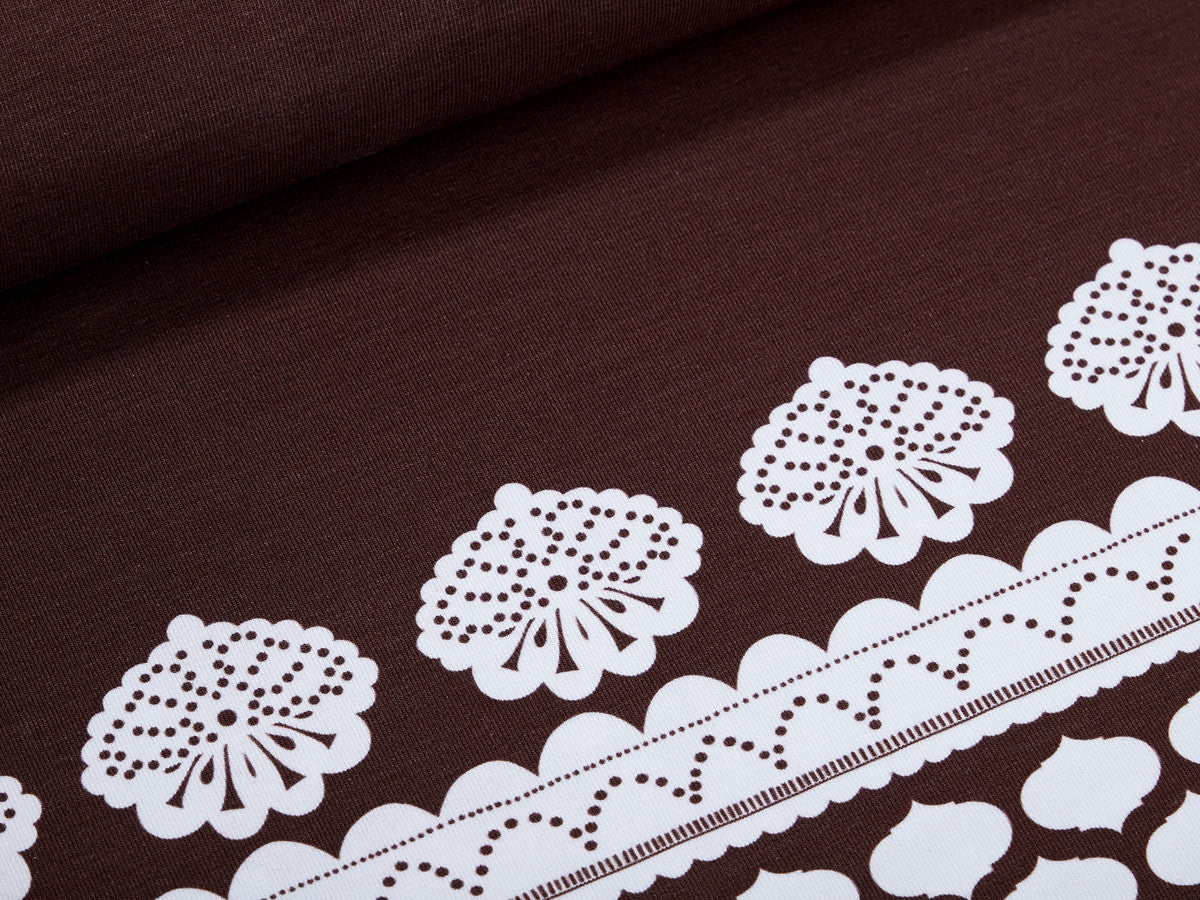 Jersey-Stoff "lacing #brown-white" (1 Panel, ca. 0,8m)