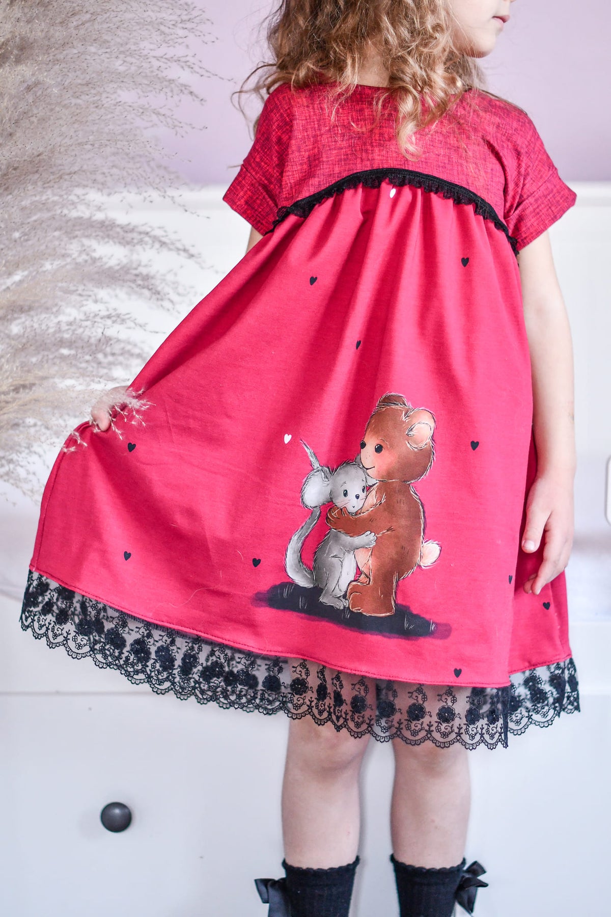 Jersey-Stoff "Maus & Bär #berry" (1Panel/ ca.0,65 m)