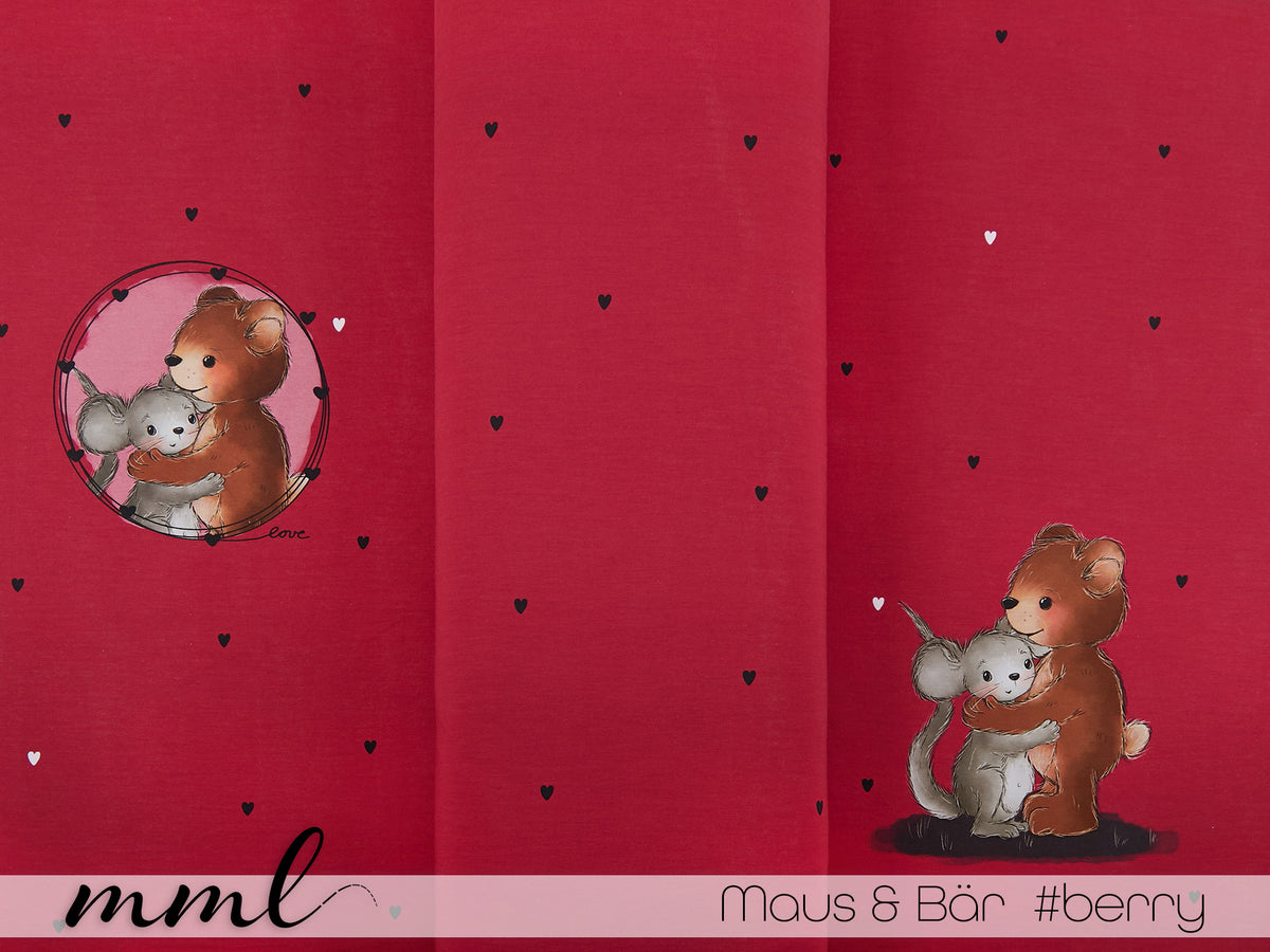Jersey-Stoff "Maus & Bär #berry" (1Panel/ ca.0,65 m)