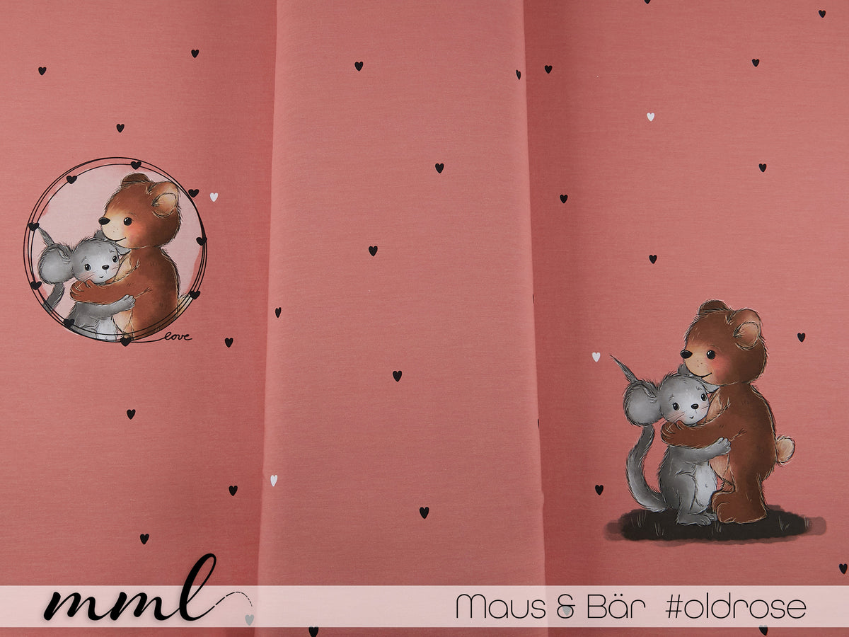 Jersey-Stoff "Maus & Bär #oldrose" (1Panel/ ca.0,65 m)