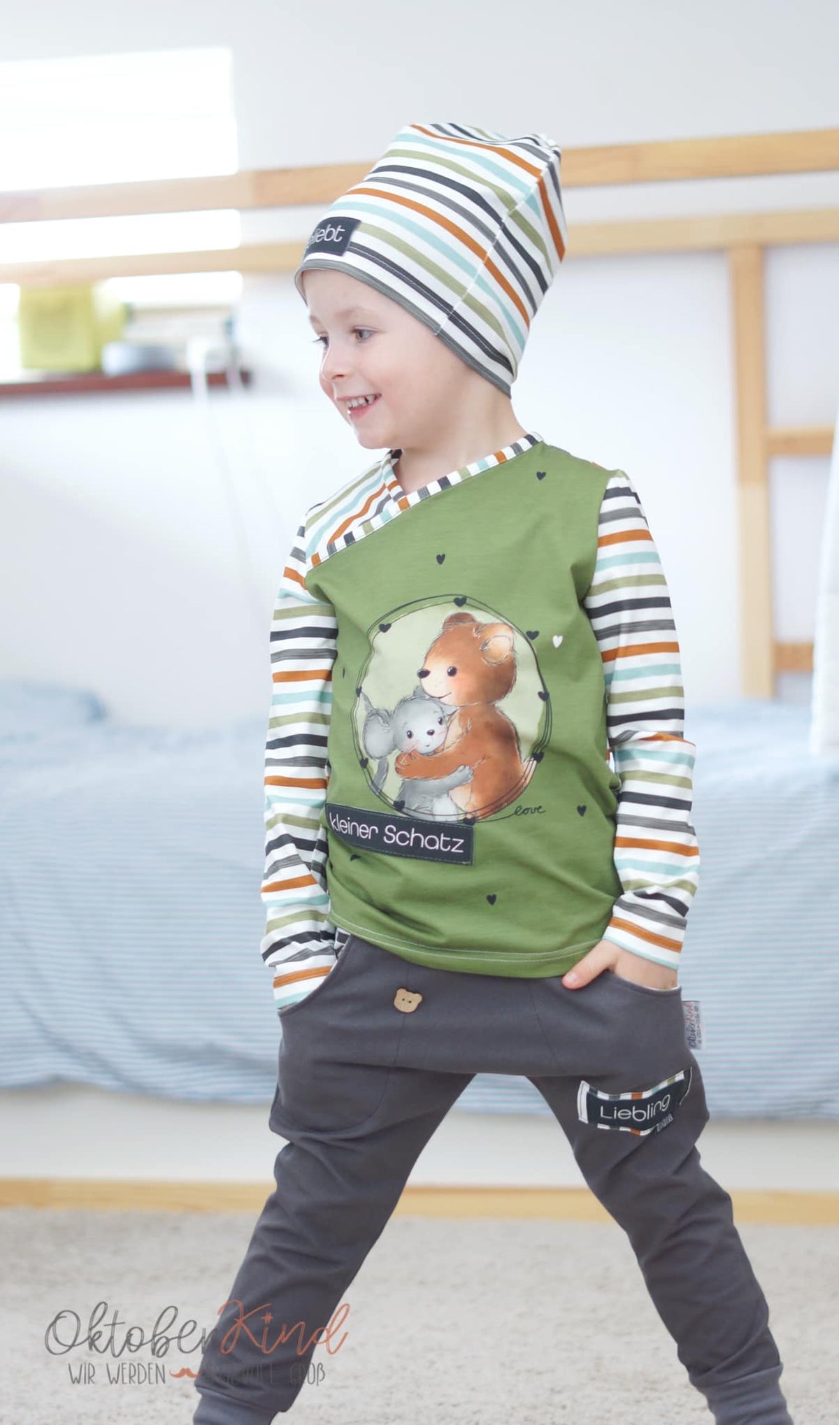 Jersey-Stoff "Maus & Bär #olive" (1Panel/ ca.0,65 m)