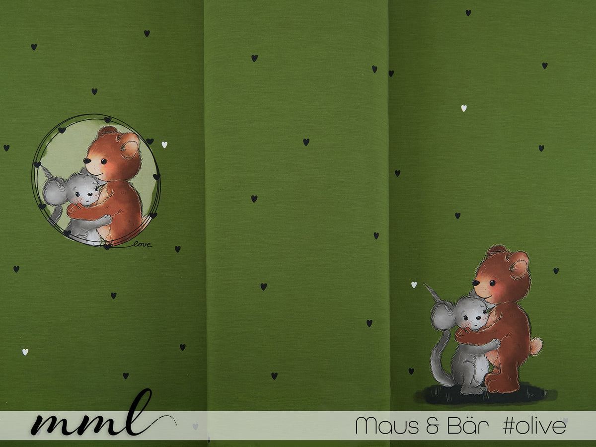 Jersey-Stoff "Maus & Bär #olive" (1Panel/ ca.0,65 m)