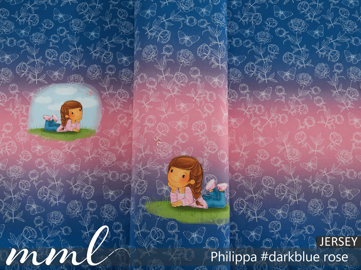 Jersey-Stoff "Philippa #darkblue rose" (1Panel/ ca.0,70m)