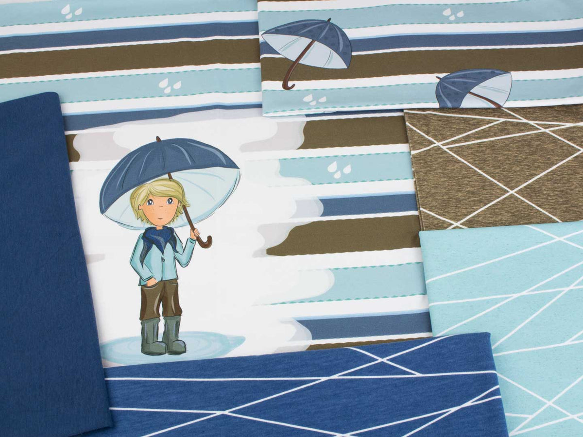 Jersey-Stoff "rainy day umbrella #blue-brown" (0,25m)