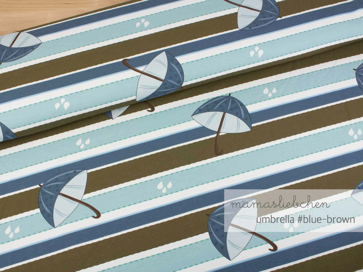 Jersey-Stoff "rainy day umbrella #blue-brown" (0,25m)