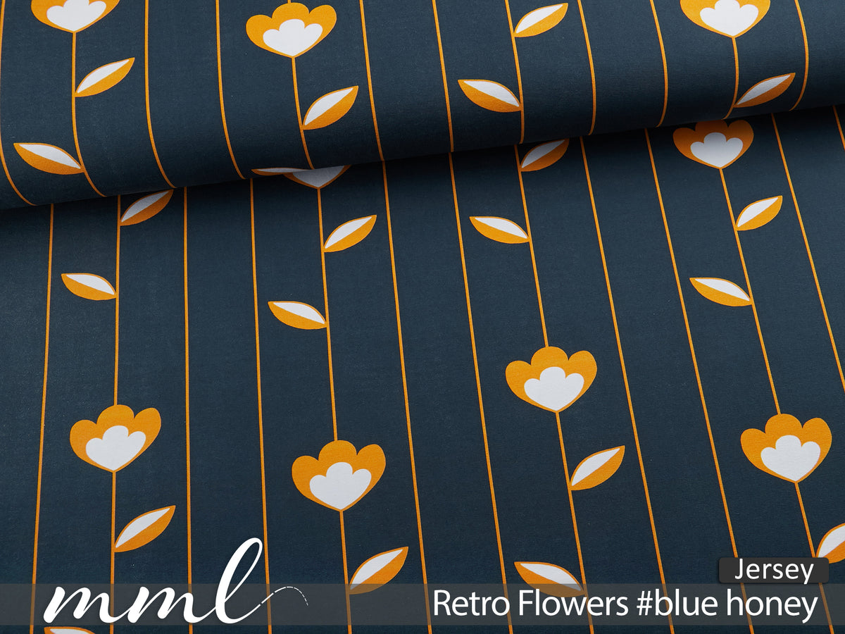 Jersey-Stoff "Retro Flowers #blue honey" (0,25m)