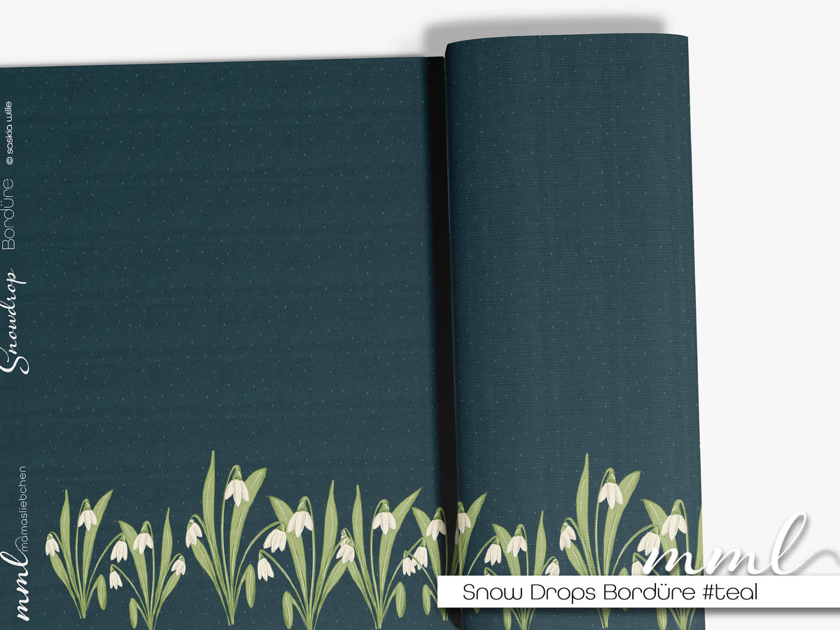 Jersey-Stoff "Snowdrop Bordüre #teal" (1Panel/ ca.1,20m)