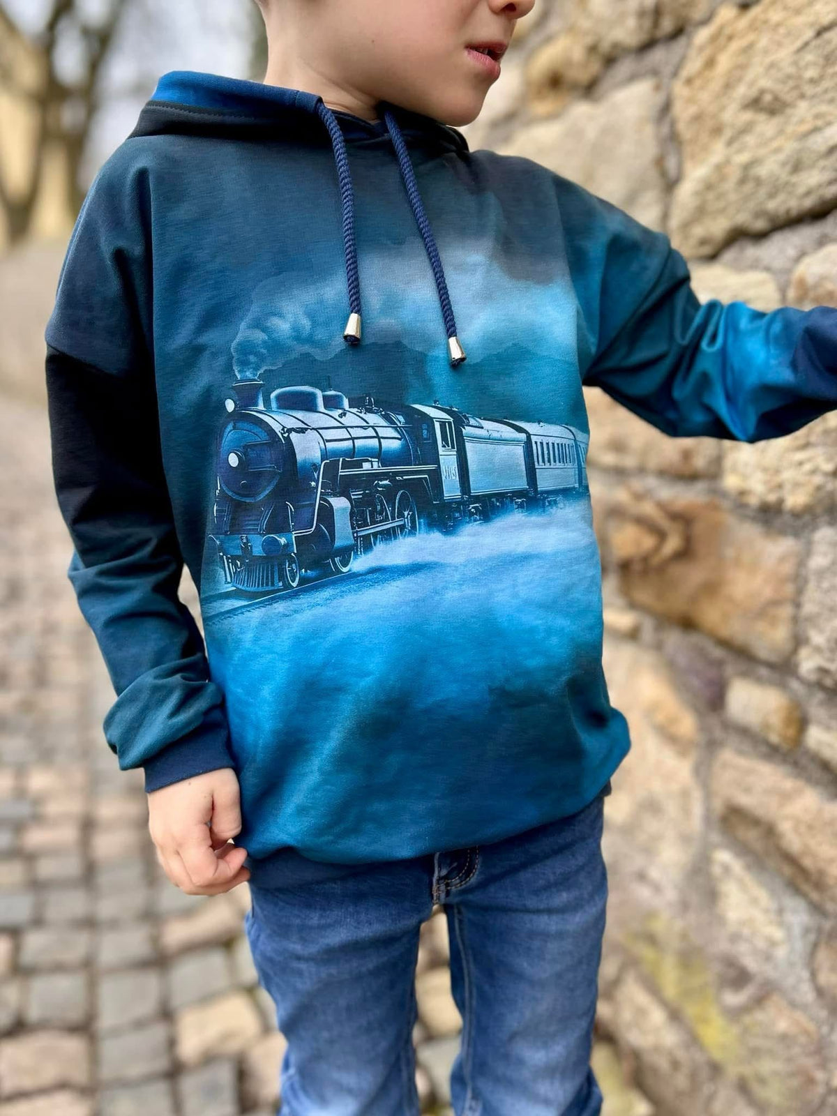 Vorbestellung! SoftTouch Sweat-Stoff "train #black blue" (1 Panel, ca. 1m)