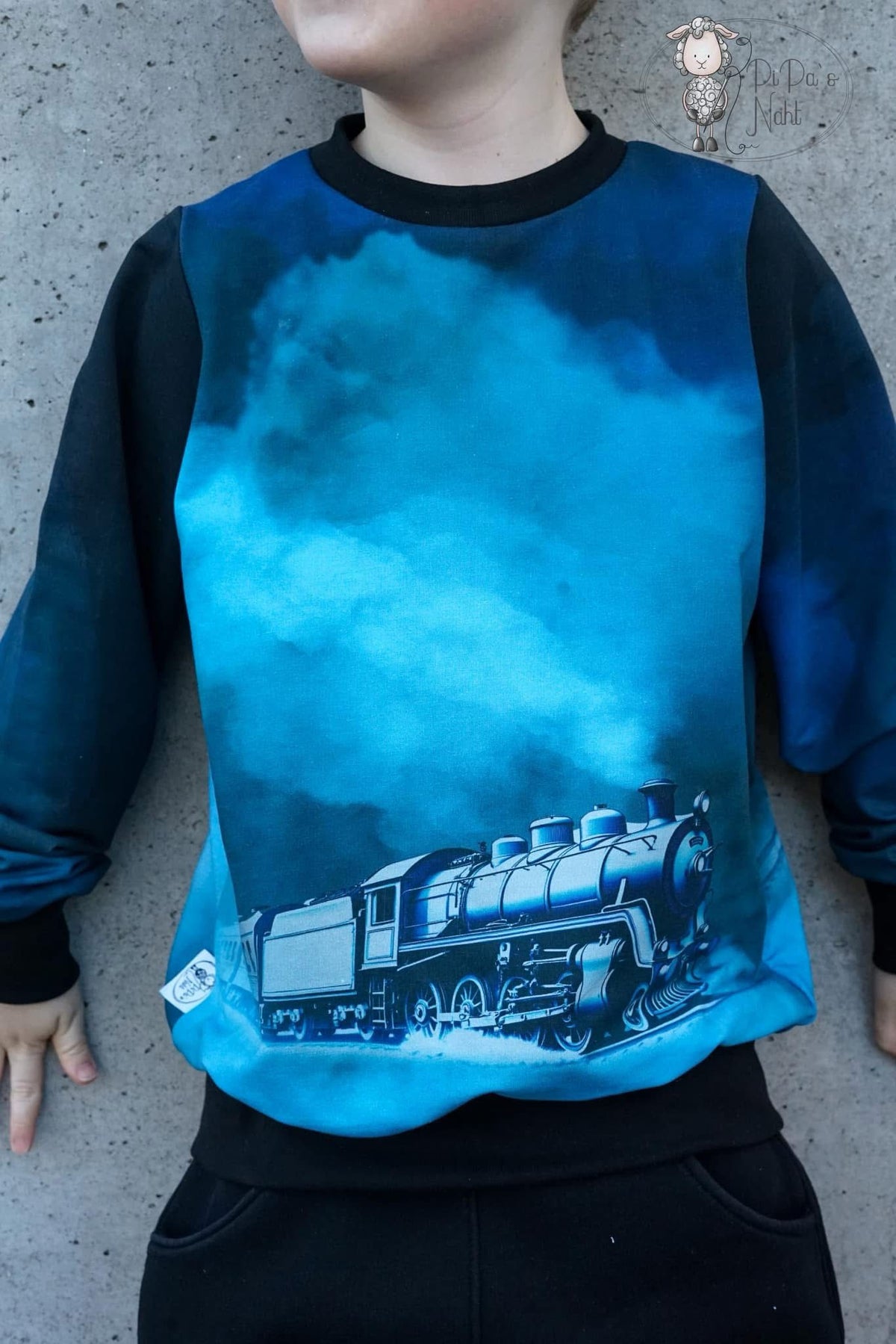 Vorbestellung! SoftTouch Sweat-Stoff "train #black blue" (1 Panel, ca. 1m)