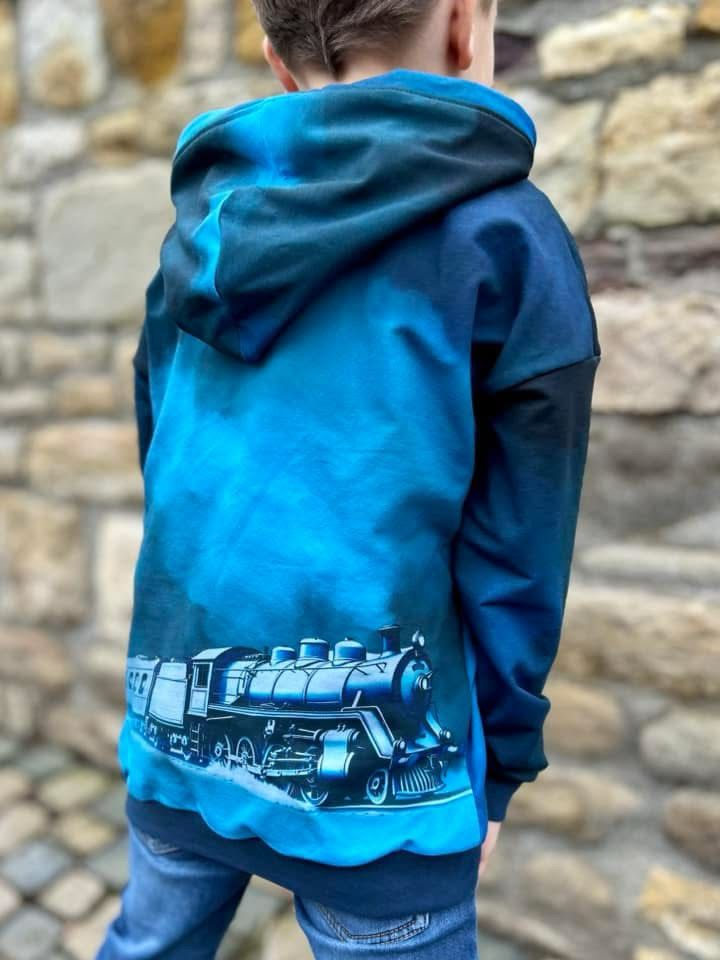 Vorbestellung! SoftTouch Sweat-Stoff "train #black blue" (1 Panel, ca. 1m)