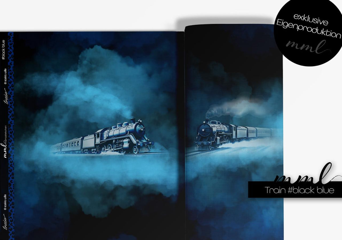 Vorbestellung! SoftTouch Sweat-Stoff "train #black blue" (1 Panel, ca. 1m)