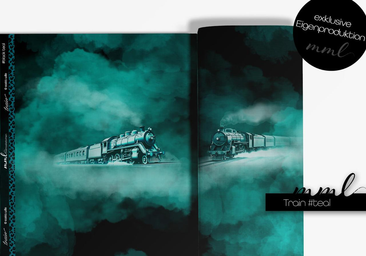 SoftTouch Sweat-Stoff "train #teal" (1 Panel, ca. 1m)
