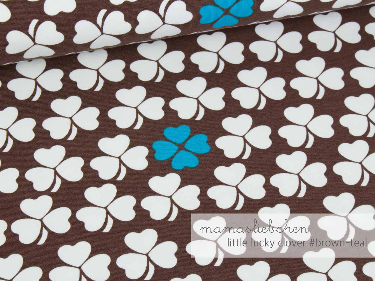 Sommer- Sweat-Stoff little lucky clover #brown-teal" (0,25 Meter)