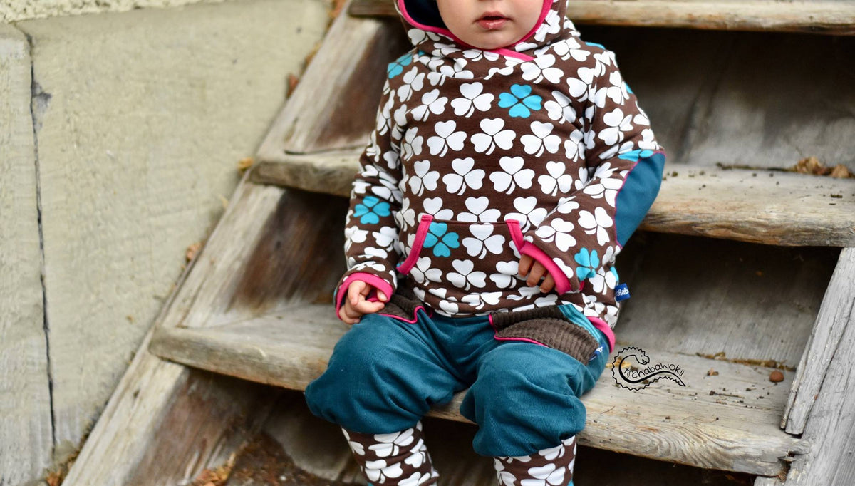 Sommer- Sweat-Stoff little lucky clover #brown-teal" (0,25 Meter)