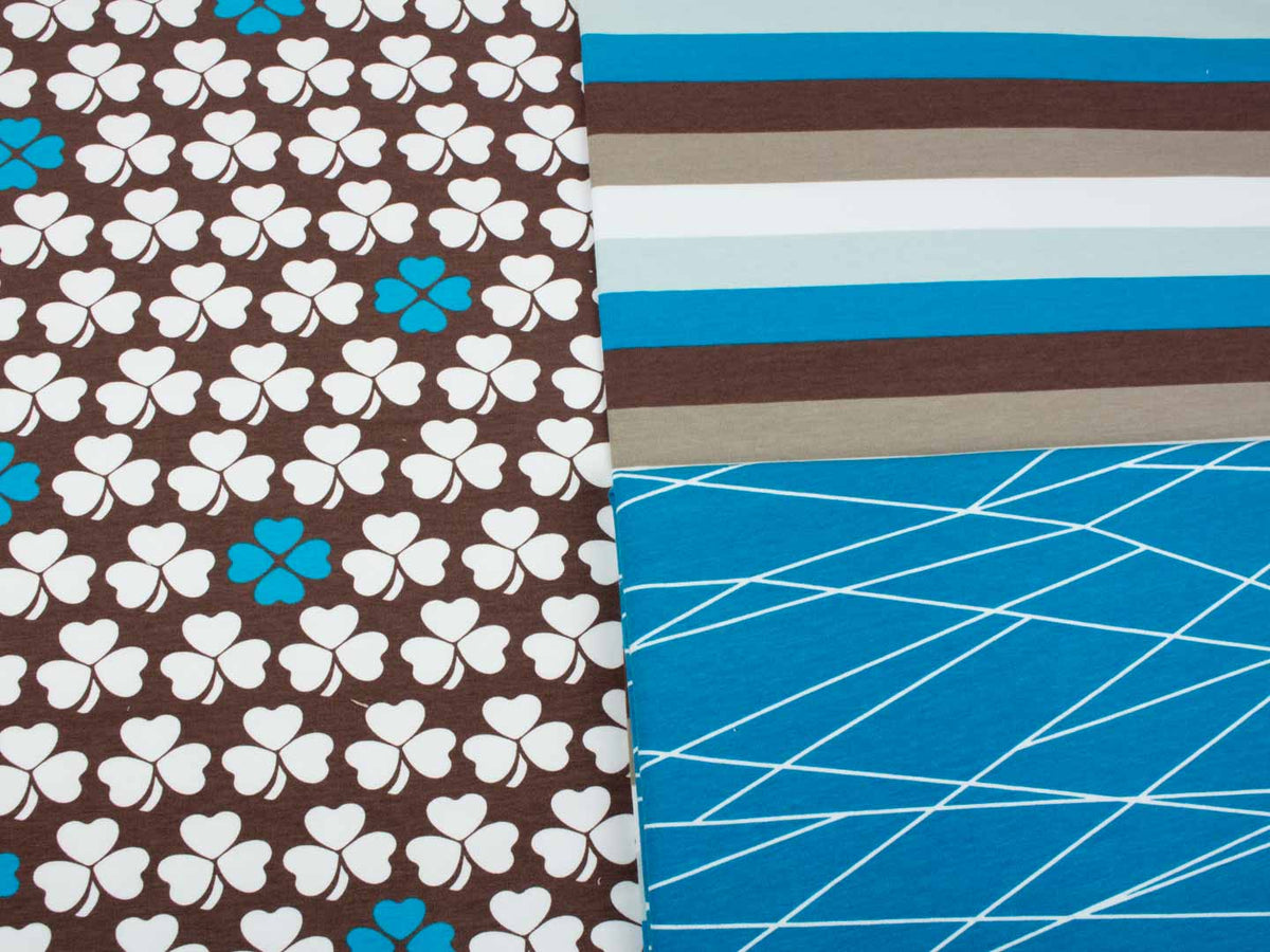 Sommer- Sweat-Stoff little lucky clover #brown-teal" (0,25 Meter)