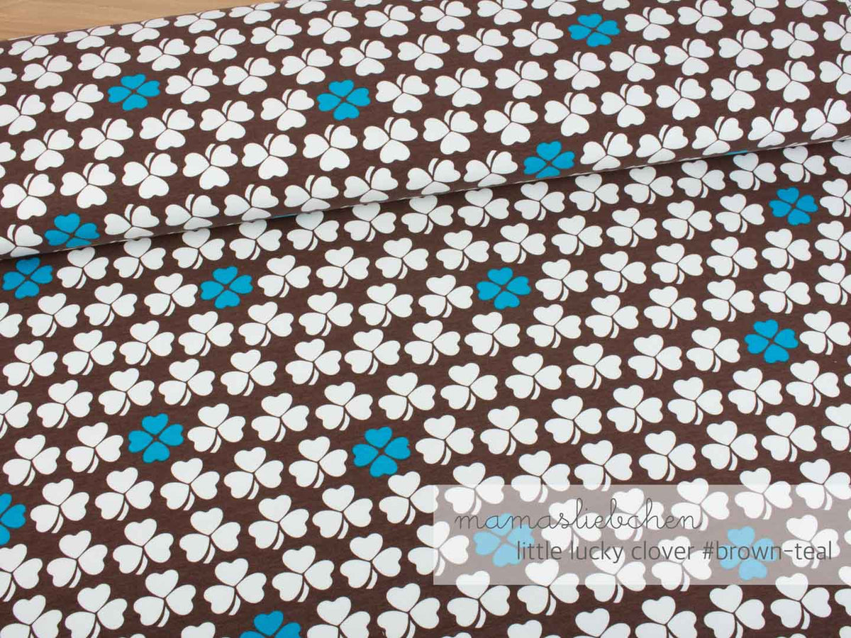 Sommer- Sweat-Stoff little lucky clover #brown-teal" (0,25 Meter)