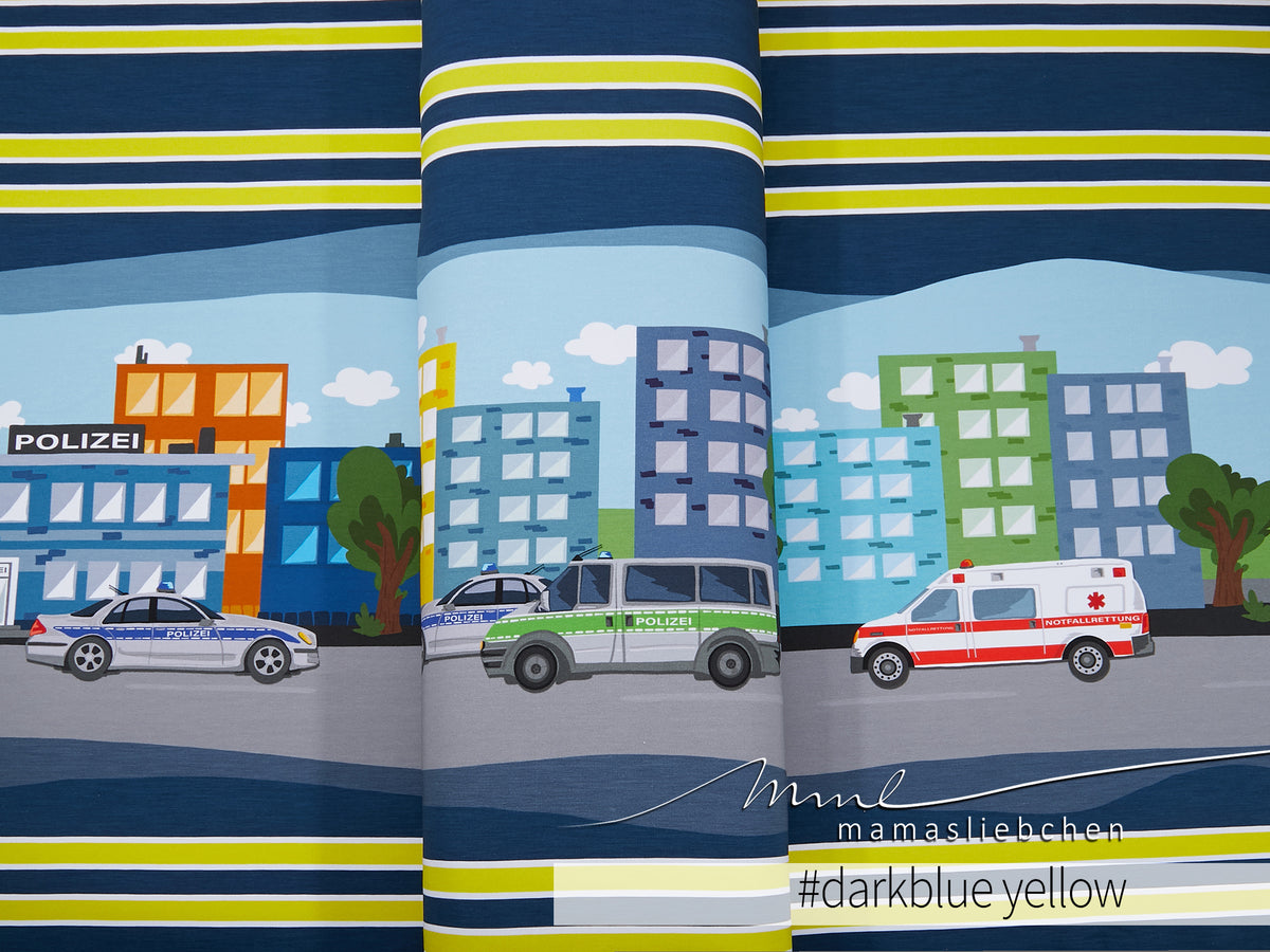 Sommer-Sweat-Stoff "Polizei #darkblue-yellow" (1 Panel, ca. 0,65m)