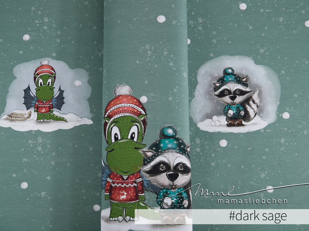 Sommer-Sweat-Stoff "Schneeballschlacht #dark sage" (1 Panel, ca. 0,75m)