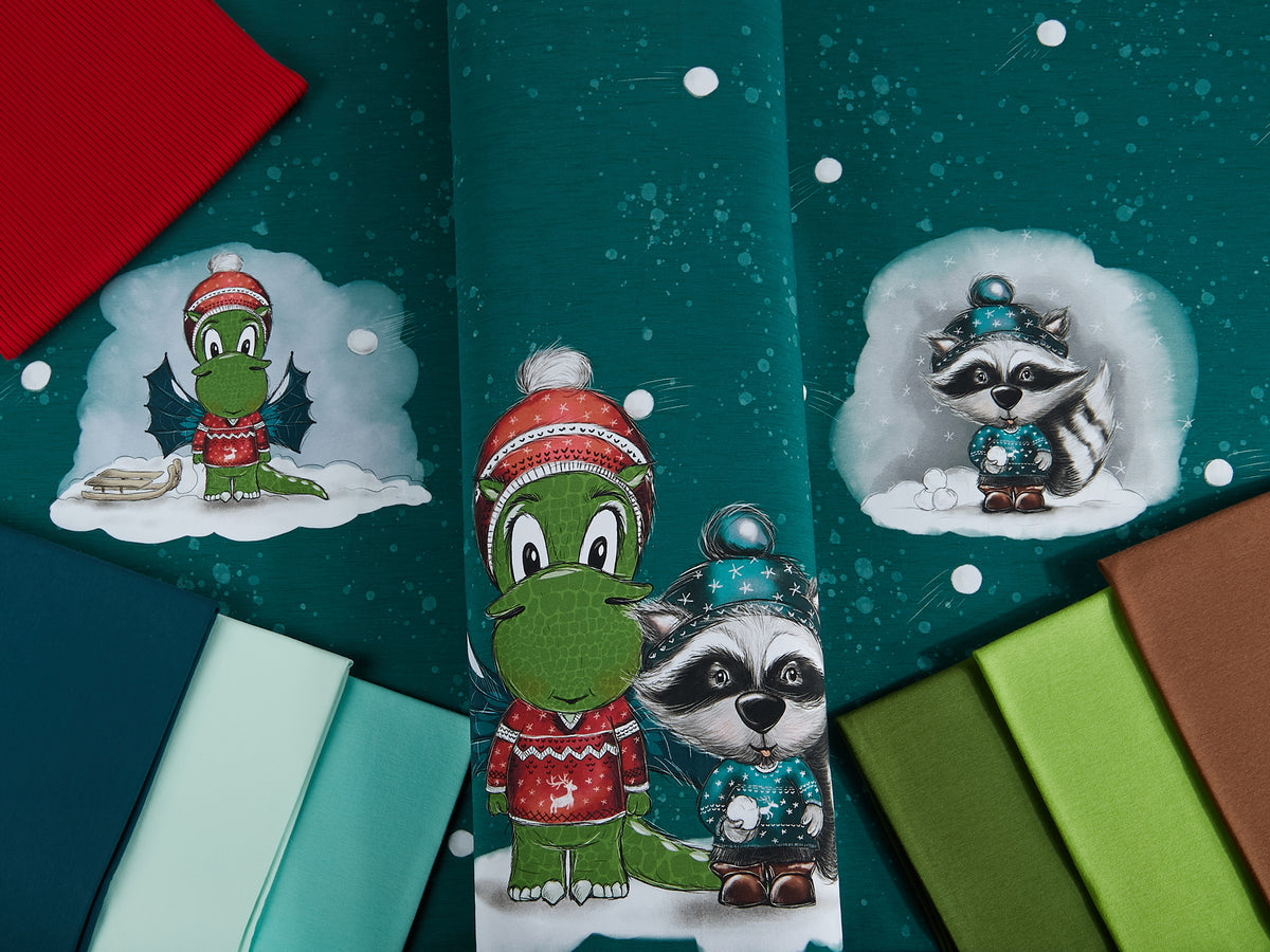 Sommer-Sweat-Stoff "Schneeballschlacht #teal" (1 Panel, ca. 0,75m)